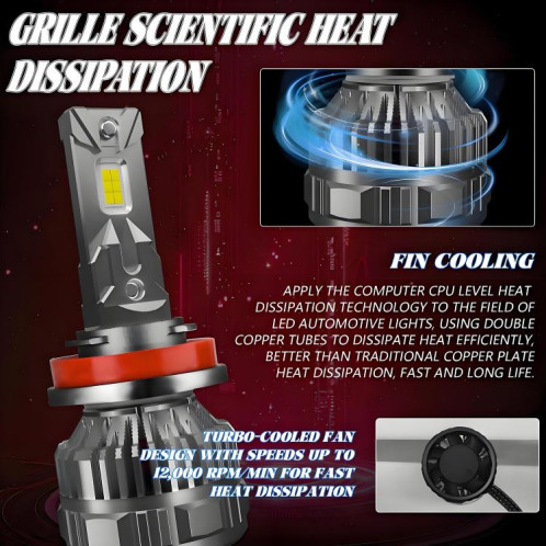 Ampoule LED H11 pour phare de voiture, lot de 2, 50 W, 6 000 lm, 6 000 K, double tube en cuivre (couleur pistolet) SH206A22-010
